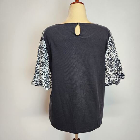 Talbots Floral Puff Sleeve Top Size XL Black Stretch Keyhole Ribbed Round Neck - Picture 4 of 11